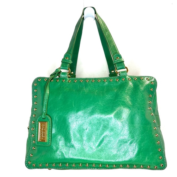 Badgley Mischka Nina Green Leather Studded Satchel Handbag - Picture 10 of 14